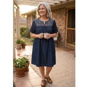 Go Softly Patio Women XL Embroidered Shift House Dress Black Cotton Boho Pockets